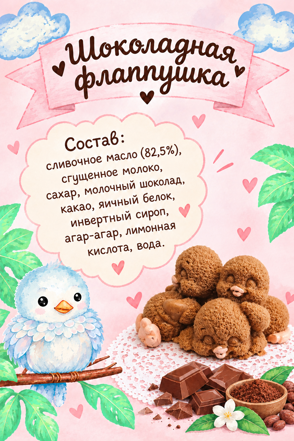 Этикетка «Шоколадная флапушка» с составом: сливочное масло, сгущённое молоко, сахар, молочный шоколад, какао, яичный белок, инвертный сироп, агар-агар, лимонная кислота, вода