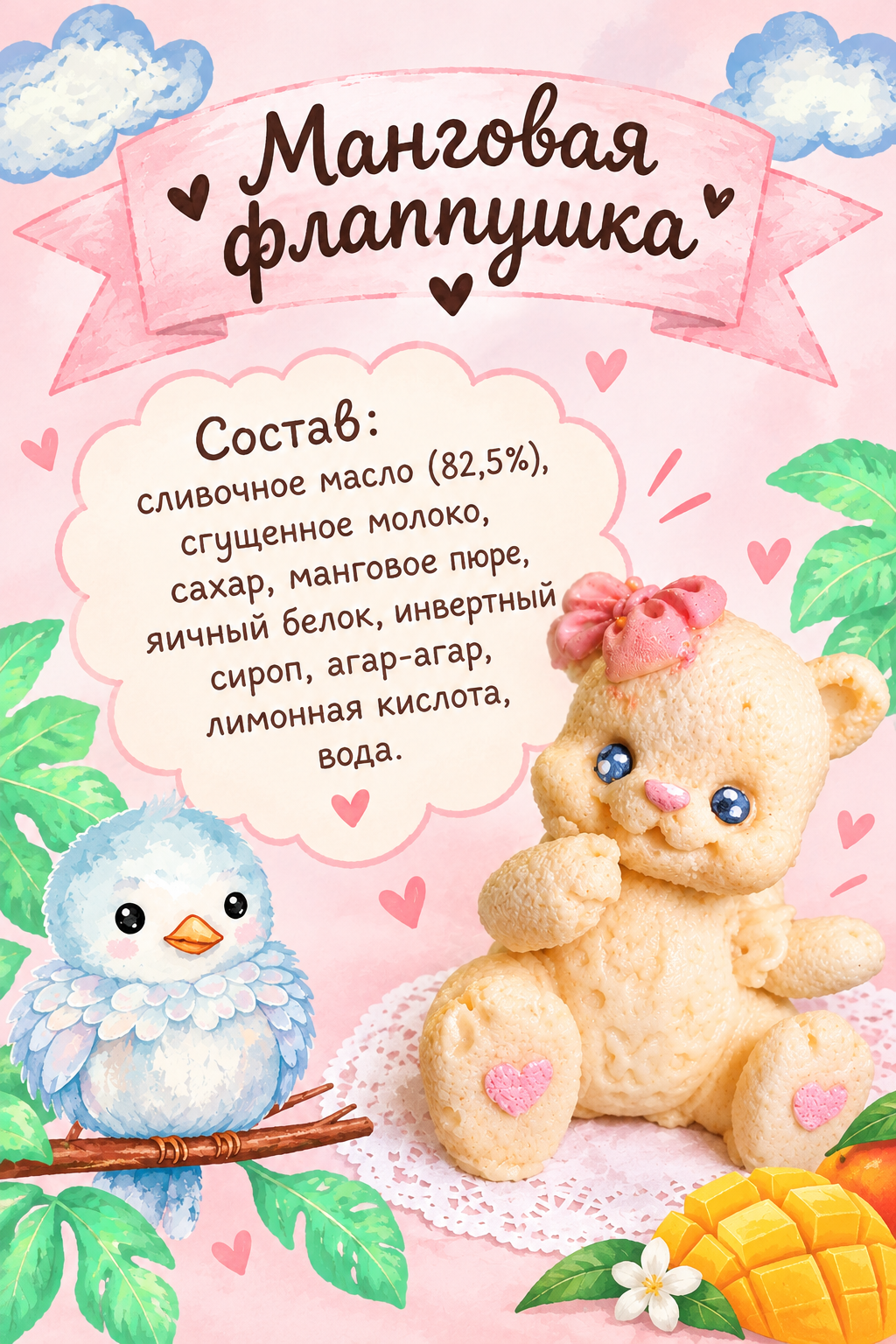 Этикетка «Кофейная флапушка» с составом: сливочное масло, варёное сгущённое молоко, сахар, кофе, яичный белок, инвертный сироп, агар-агар, лимонная кислота, вода