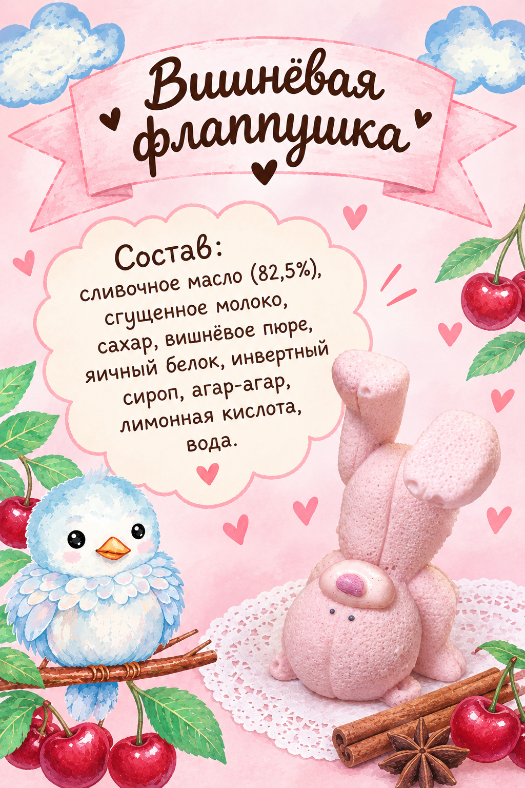 Этикетка «Манговая флапушка» с составом: сливочное масло, сгущённое молоко, сахар, манговое пюре, яичный белок, инвертный сироп, агар-агар, лимонная кислота, вода